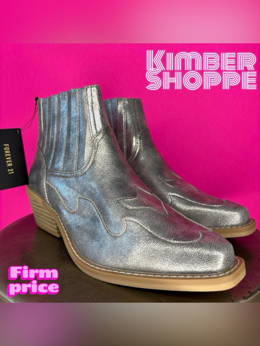 Forever 21 Silver Faux Leather Stacked Heel Chelsea Bootie US 6 UK 4